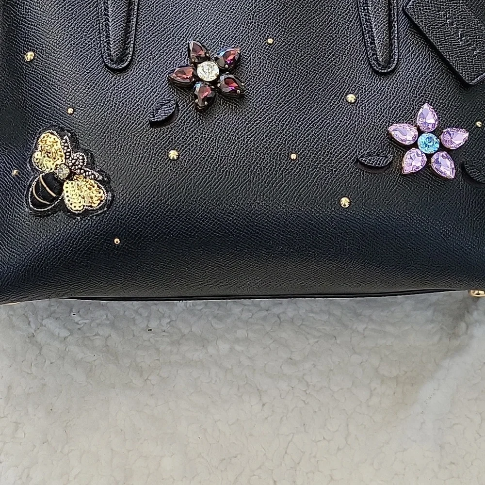Coach Carryall Bag Black Pebble leather with embroidery Bee and Crystal Flowers - Picture 2 of 7